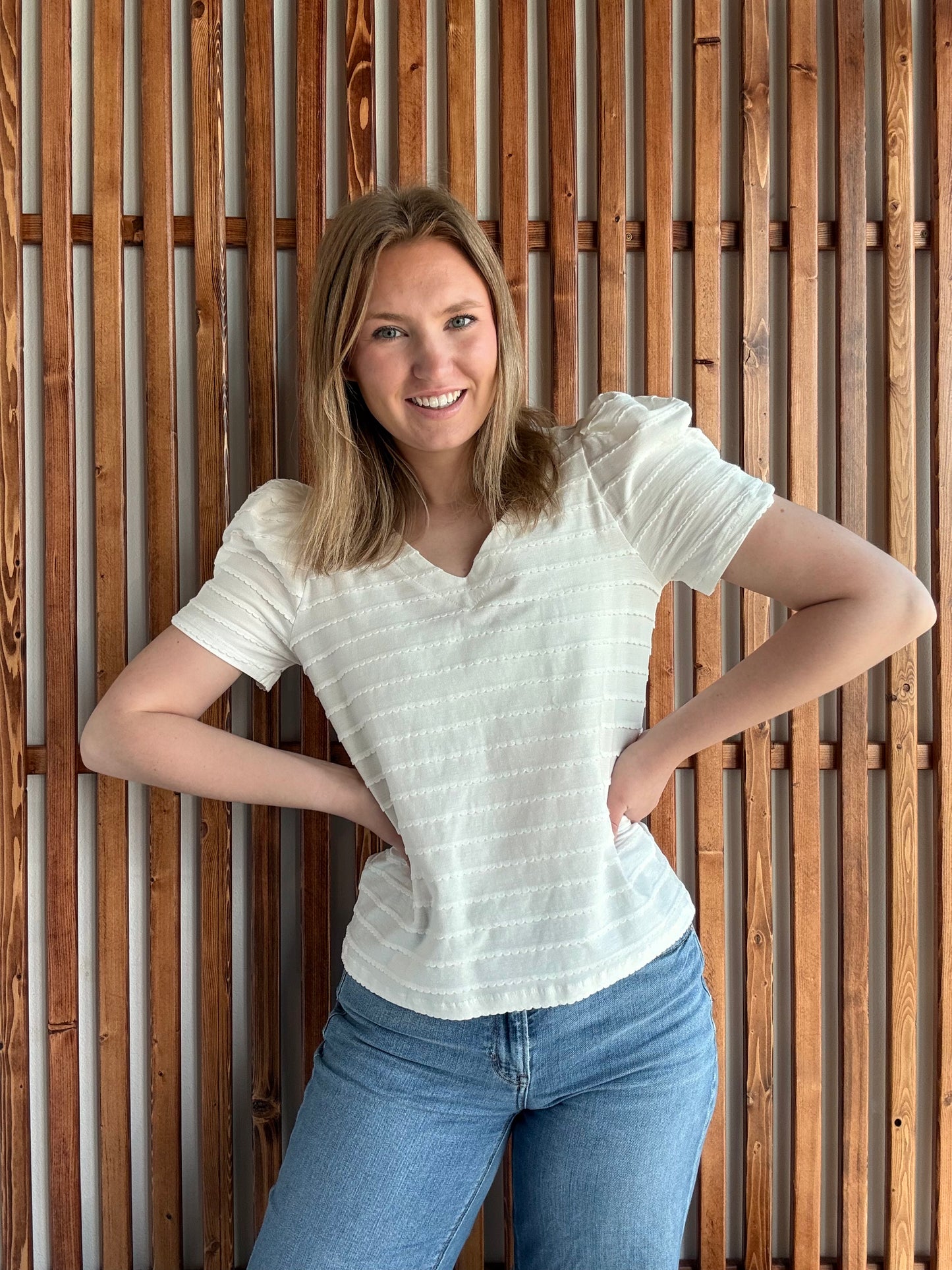 Textured Stripe Pleated Puff Short Sleeve Top - Off White