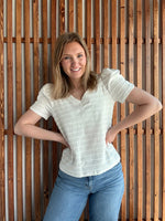 Textured Stripe Pleated Puff Short Sleeve Top - Off White