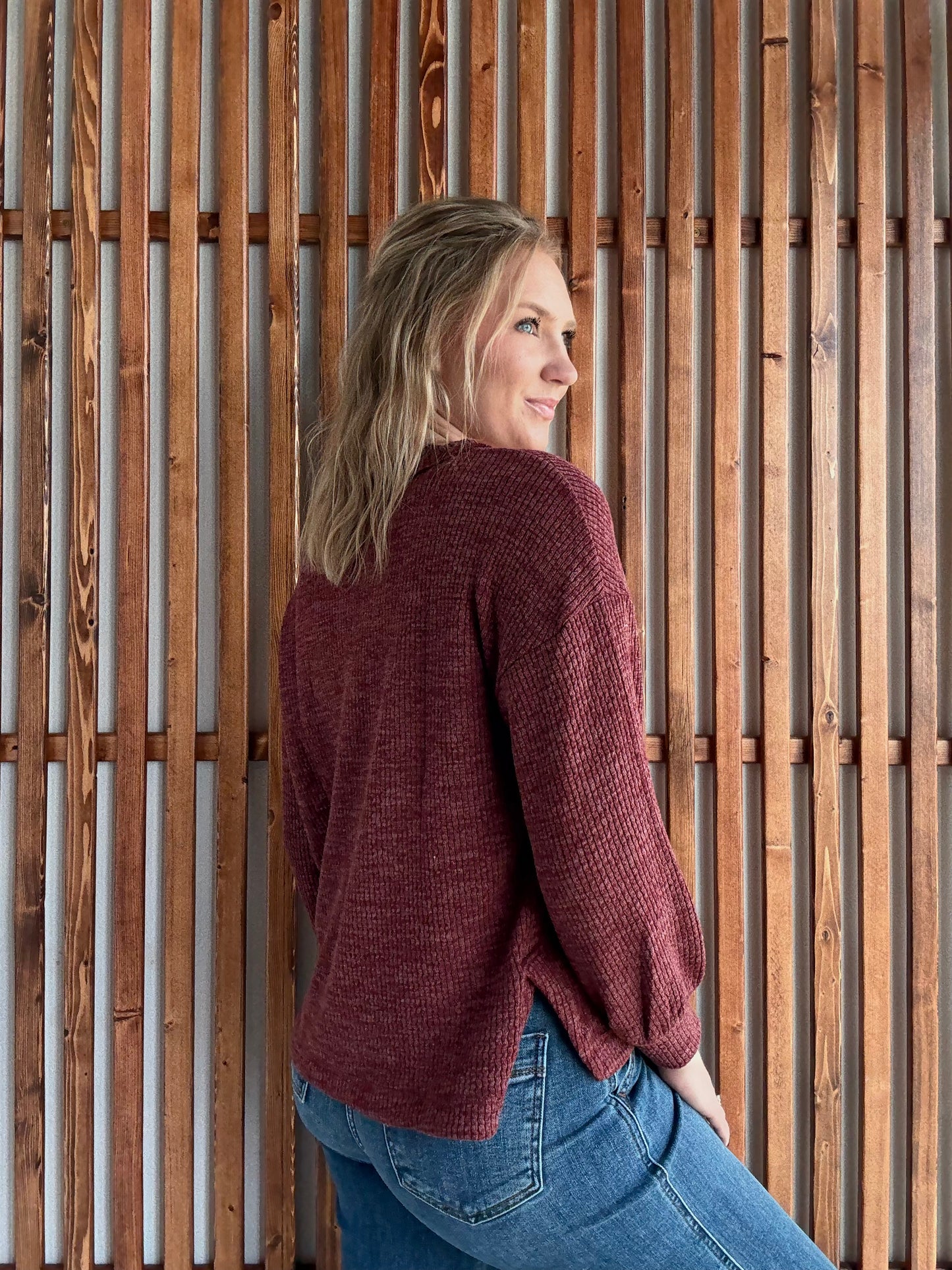 Slouchy Chest Pocket Knit Long Sleeve - Burgundy