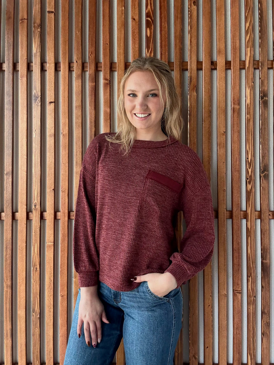 Slouchy Chest Pocket Knit Long Sleeve - Burgundy