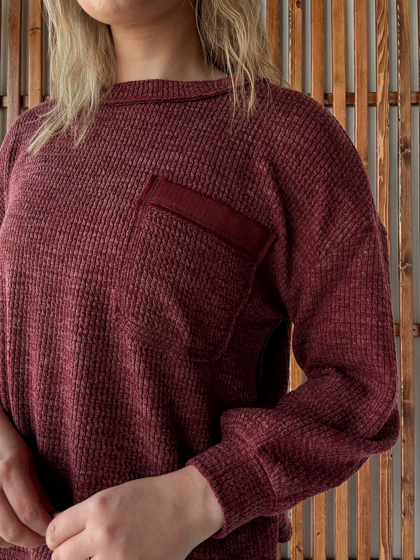 Slouchy Chest Pocket Knit Long Sleeve - Burgundy