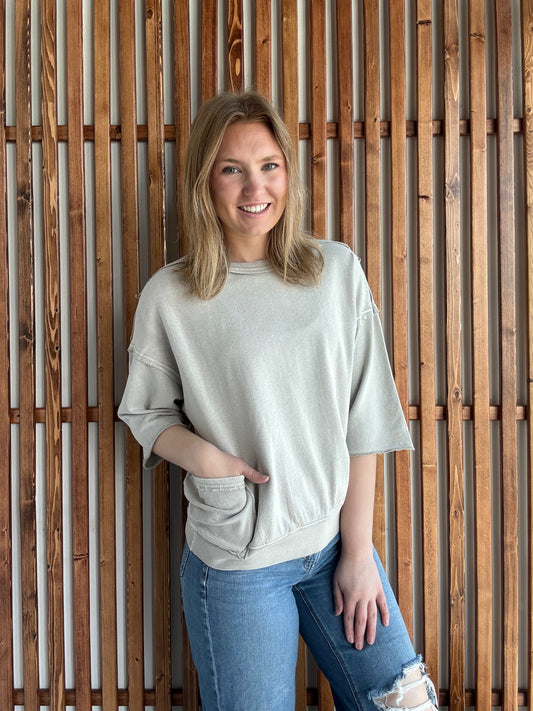 3/4 Sleeve Monkey Wash Top - Mushroom