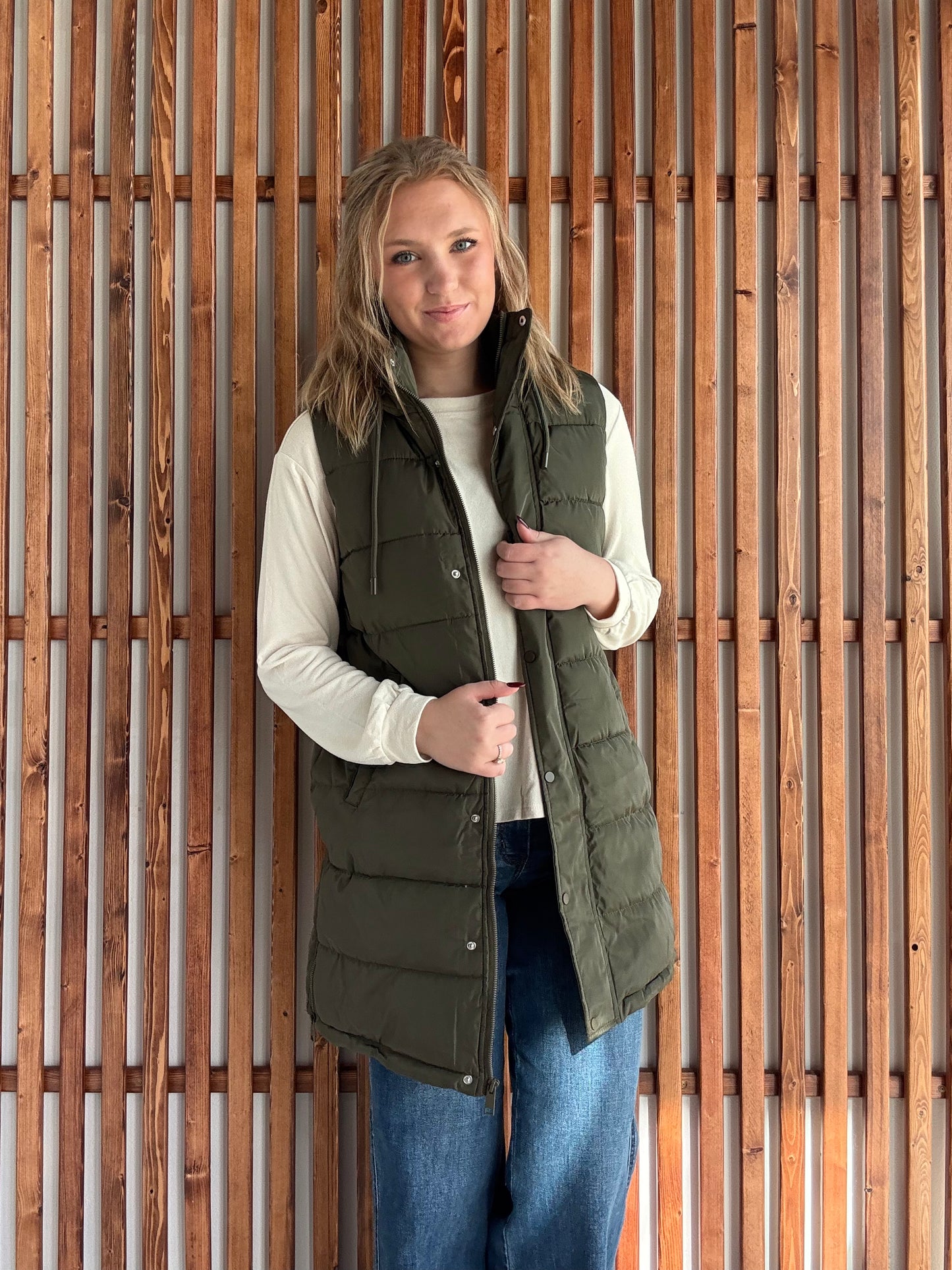 Hooded Puff Long Vest with Faux Fur Lining - Olive