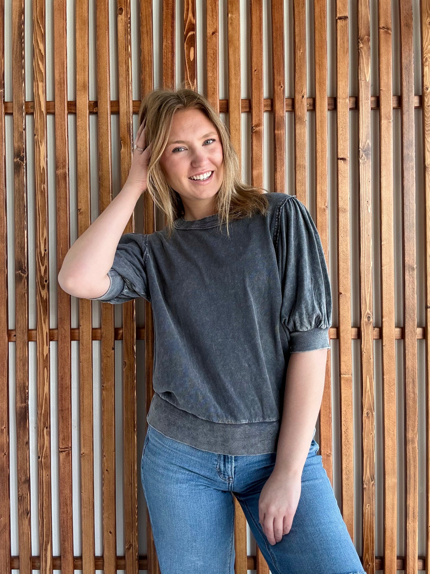 Mineral Washed Puff Sleeve Top - Ash