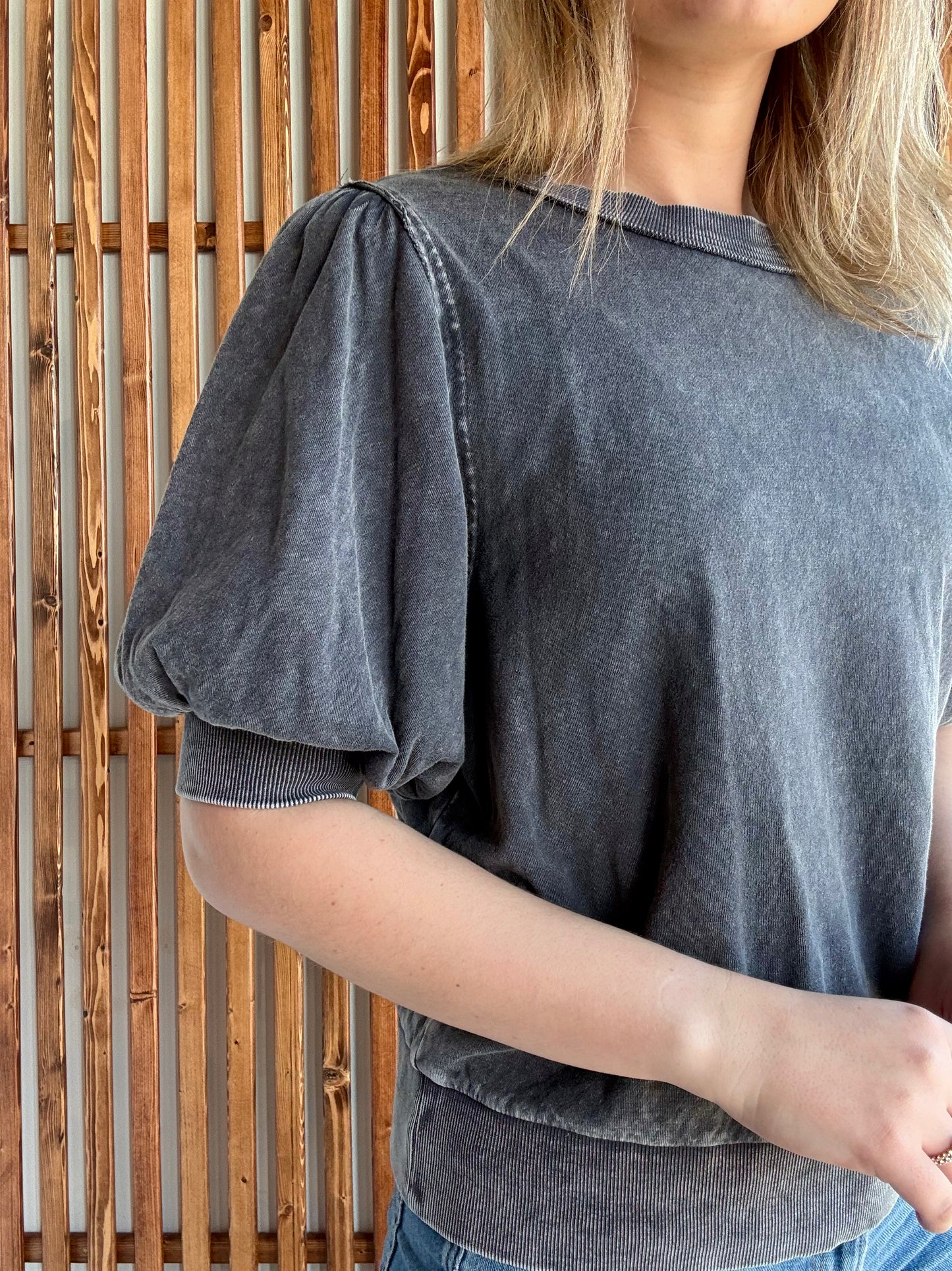 Mineral Washed Puff Sleeve Top - Ash