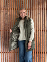 Hooded Puff Long Vest with Faux Fur Lining - Olive