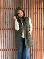 Hooded Puff Long Vest with Faux Fur Lining - Olive