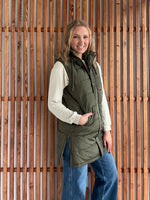 Hooded Puff Long Vest with Faux Fur Lining - Olive