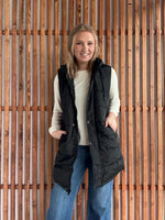 Hooded Puff Long Vest with Faux Fur Lining - Black