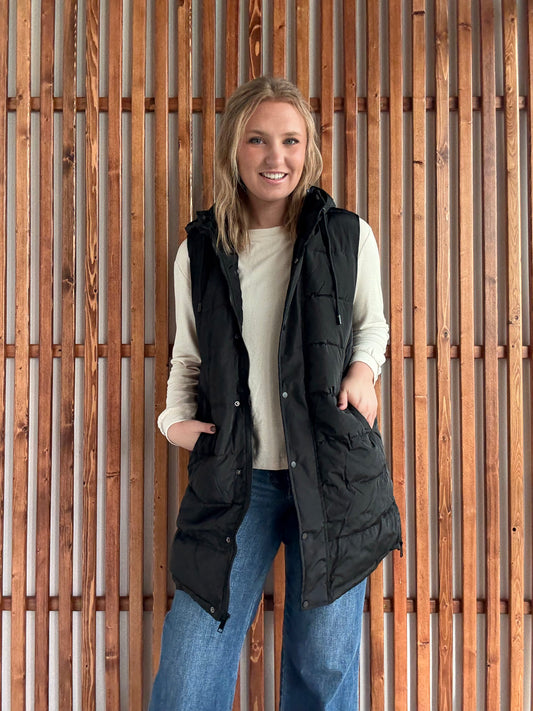 Hooded Puff Long Vest with Faux Fur Lining - Black