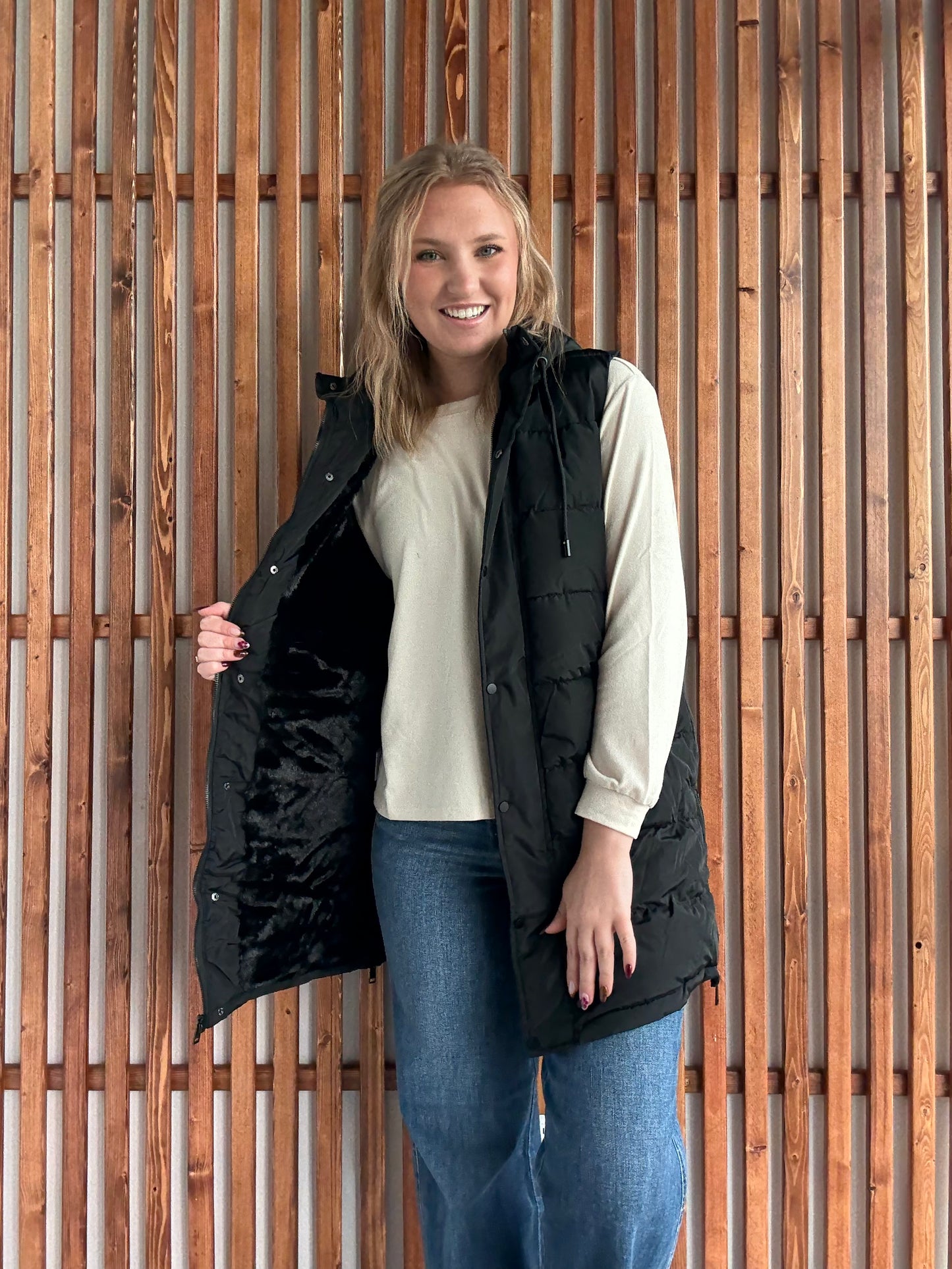 Hooded Puff Long Vest with Faux Fur Lining - Black