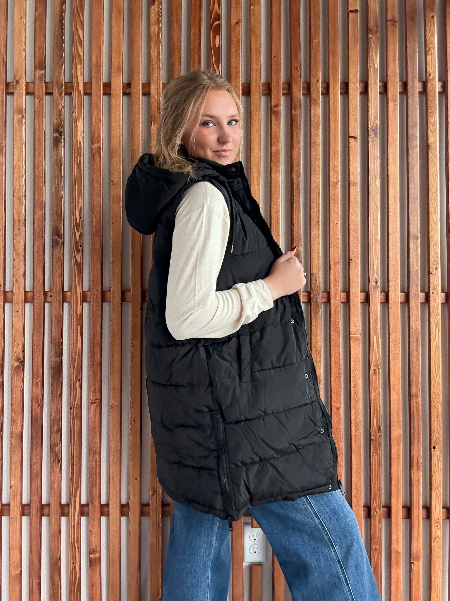 Hooded Puff Long Vest with Faux Fur Lining - Black