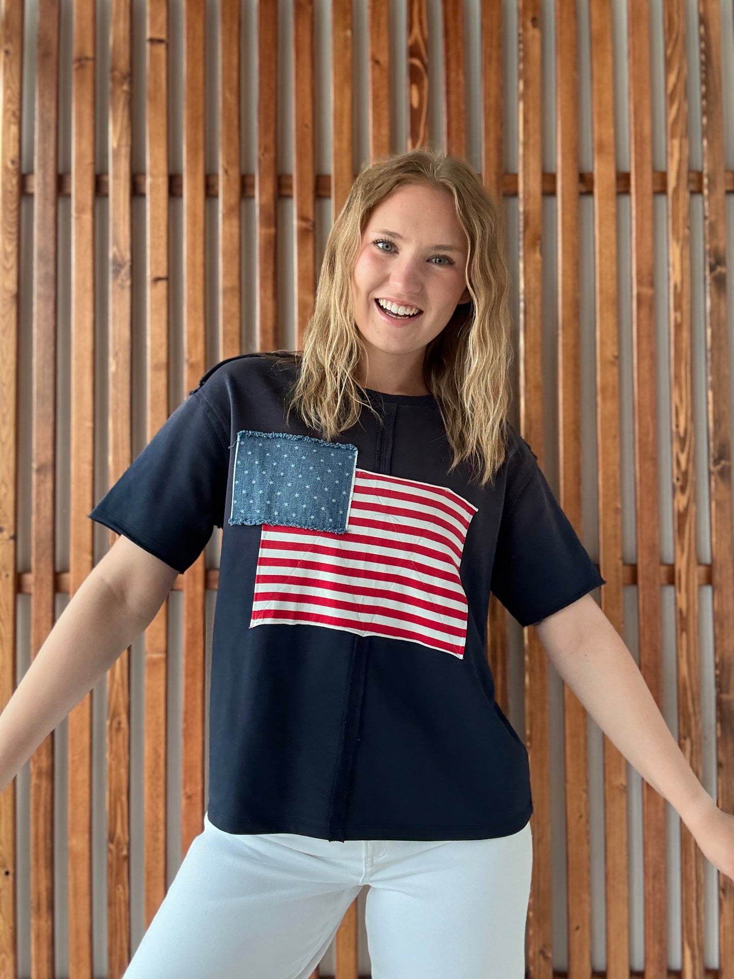 Navy Short Sleeve Flag Top