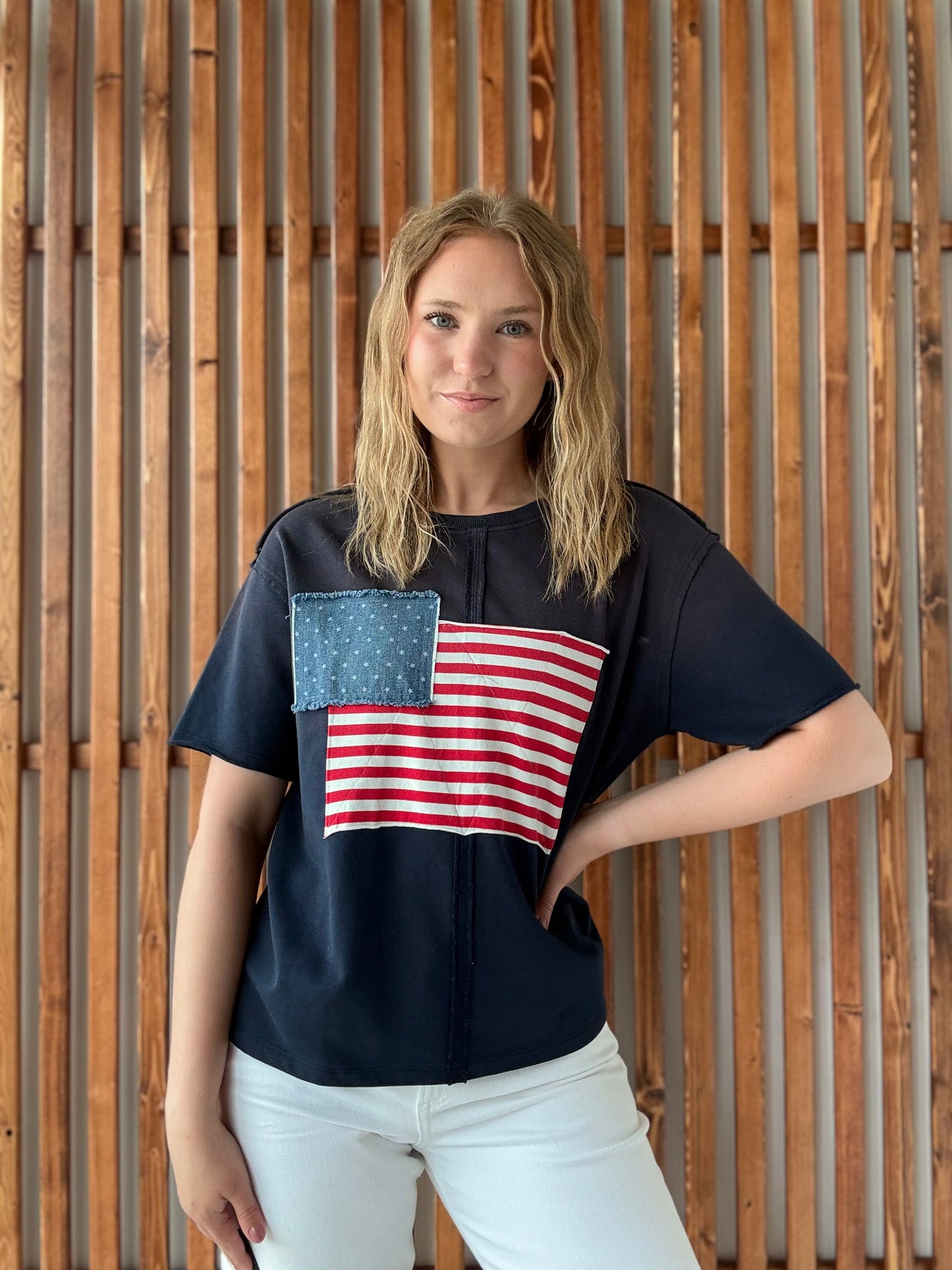 Navy Short Sleeve Flag Top