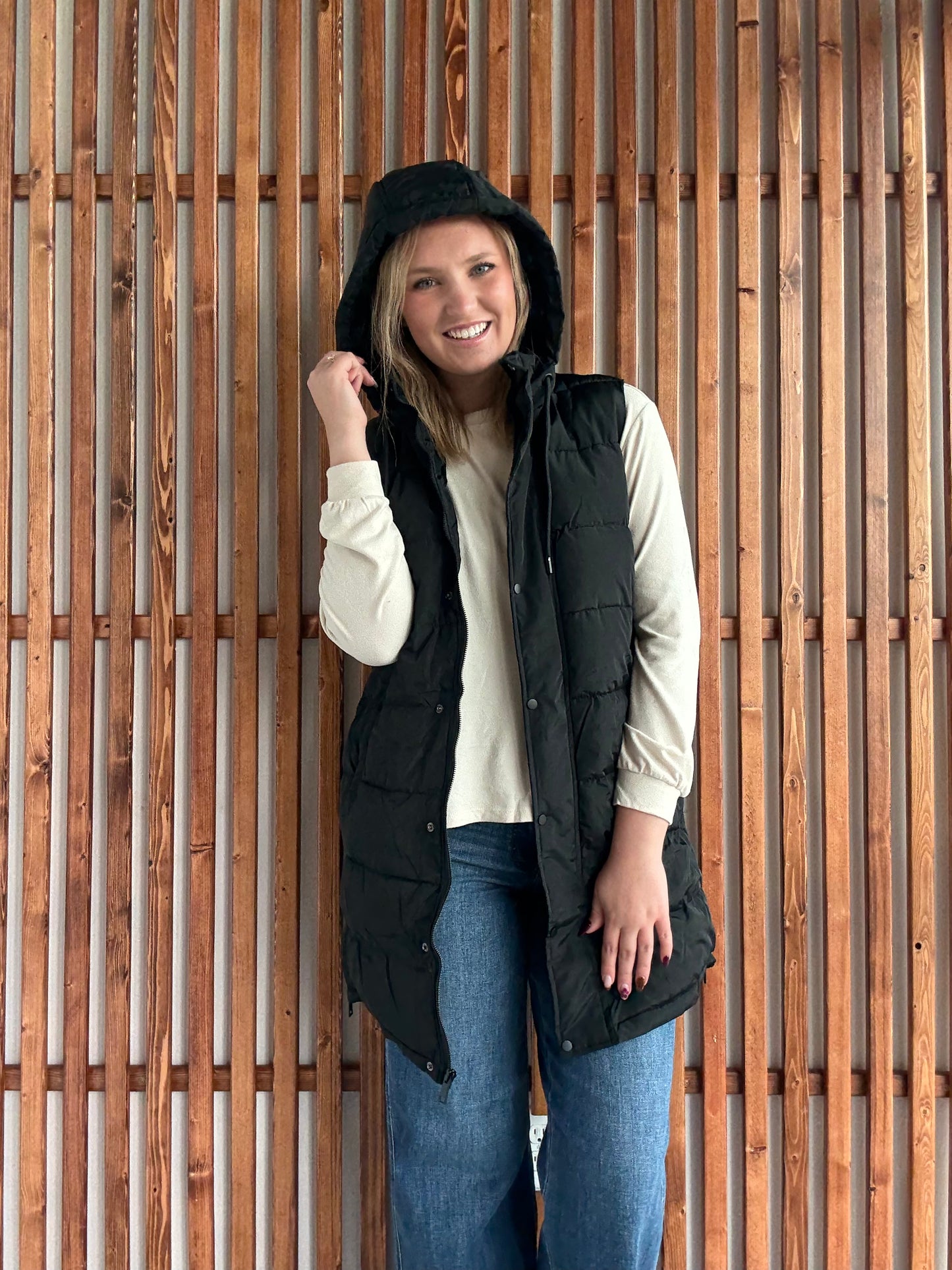 Hooded Puff Long Vest with Faux Fur Lining - Black