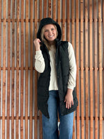 Hooded Puff Long Vest with Faux Fur Lining - Black