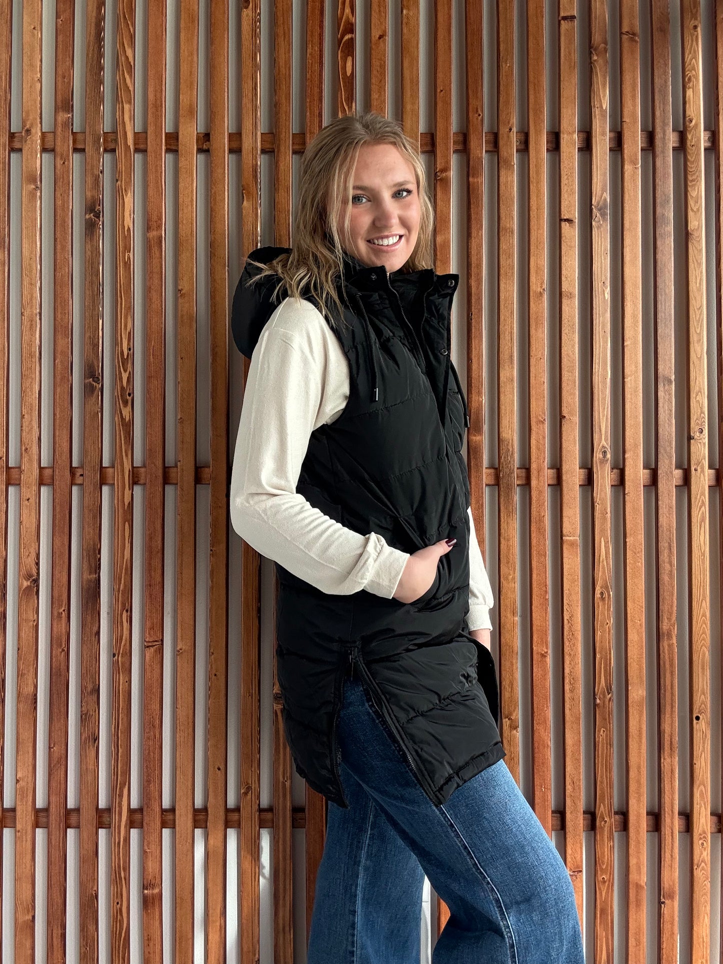 Hooded Puff Long Vest with Faux Fur Lining - Black