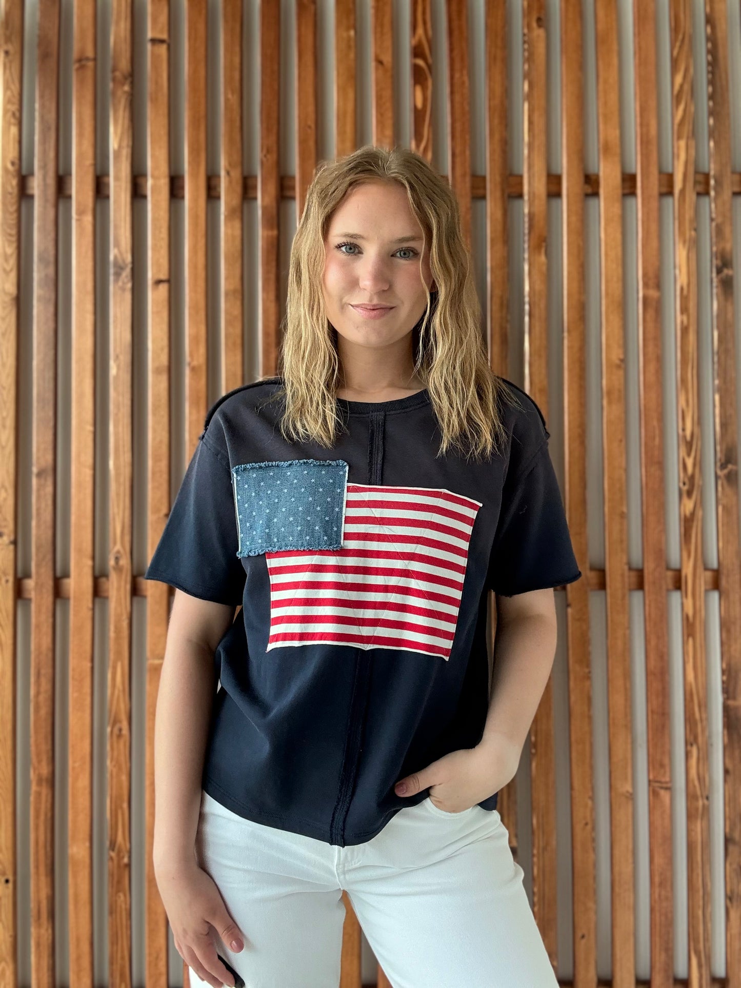 Navy Short Sleeve Flag Top