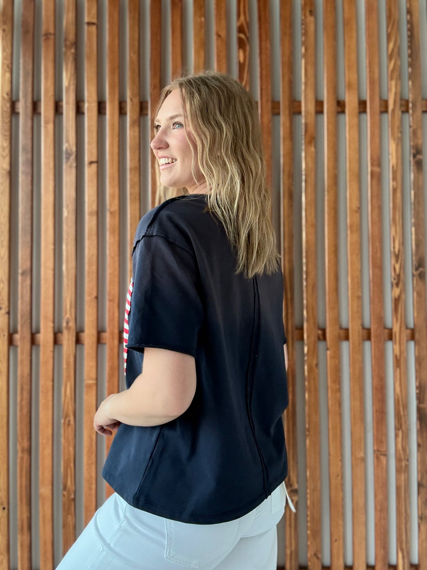 Navy Short Sleeve Flag Top