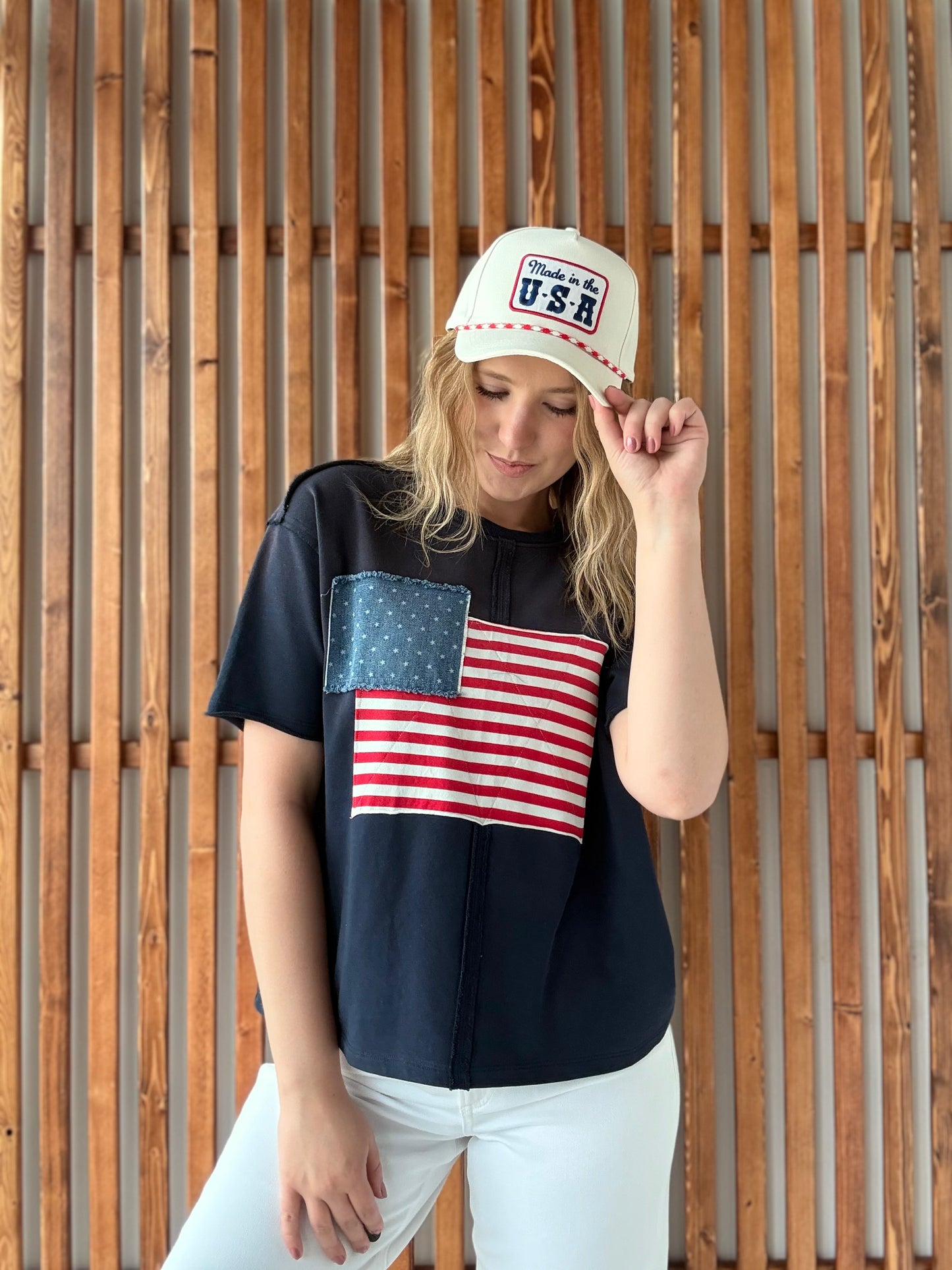 Navy Short Sleeve Flag Top