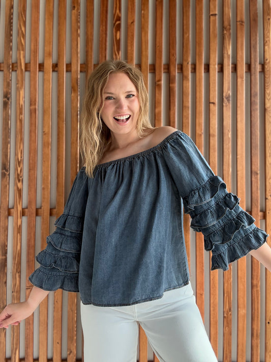 Off The Shoulder 4Tiers Ruffle Sleeve Chambray Top