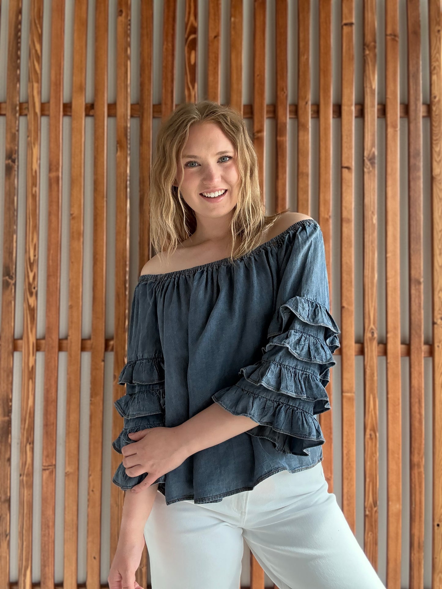 Off The Shoulder 4Tiers Ruffle Sleeve Chambray Top