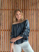 Off The Shoulder 4Tiers Ruffle Sleeve Chambray Top