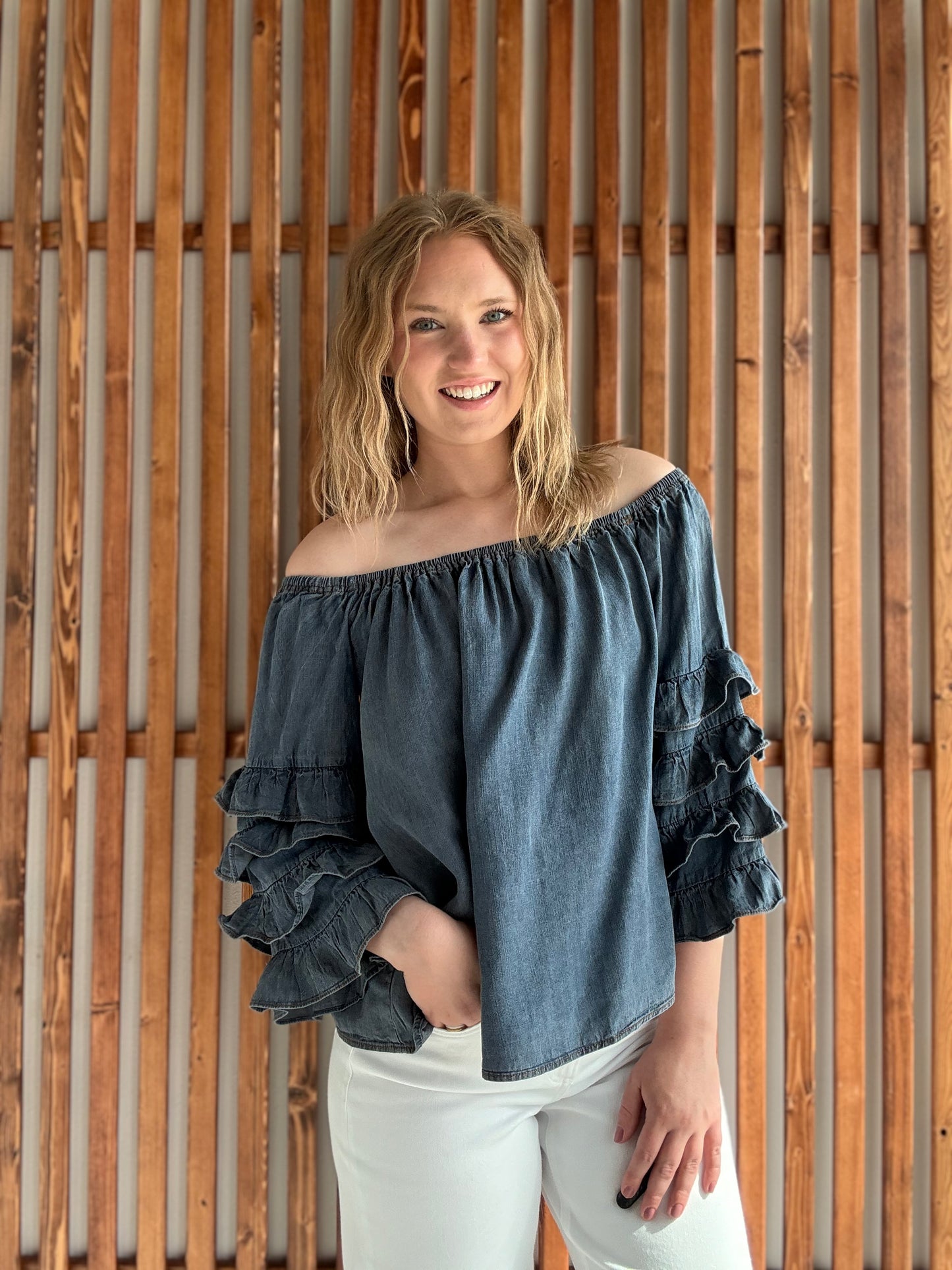 Off The Shoulder 4Tiers Ruffle Sleeve Chambray Top