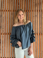 Off The Shoulder 4Tiers Ruffle Sleeve Chambray Top