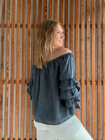 Off The Shoulder 4Tiers Ruffle Sleeve Chambray Top