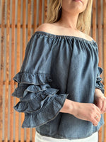 Off The Shoulder 4Tiers Ruffle Sleeve Chambray Top