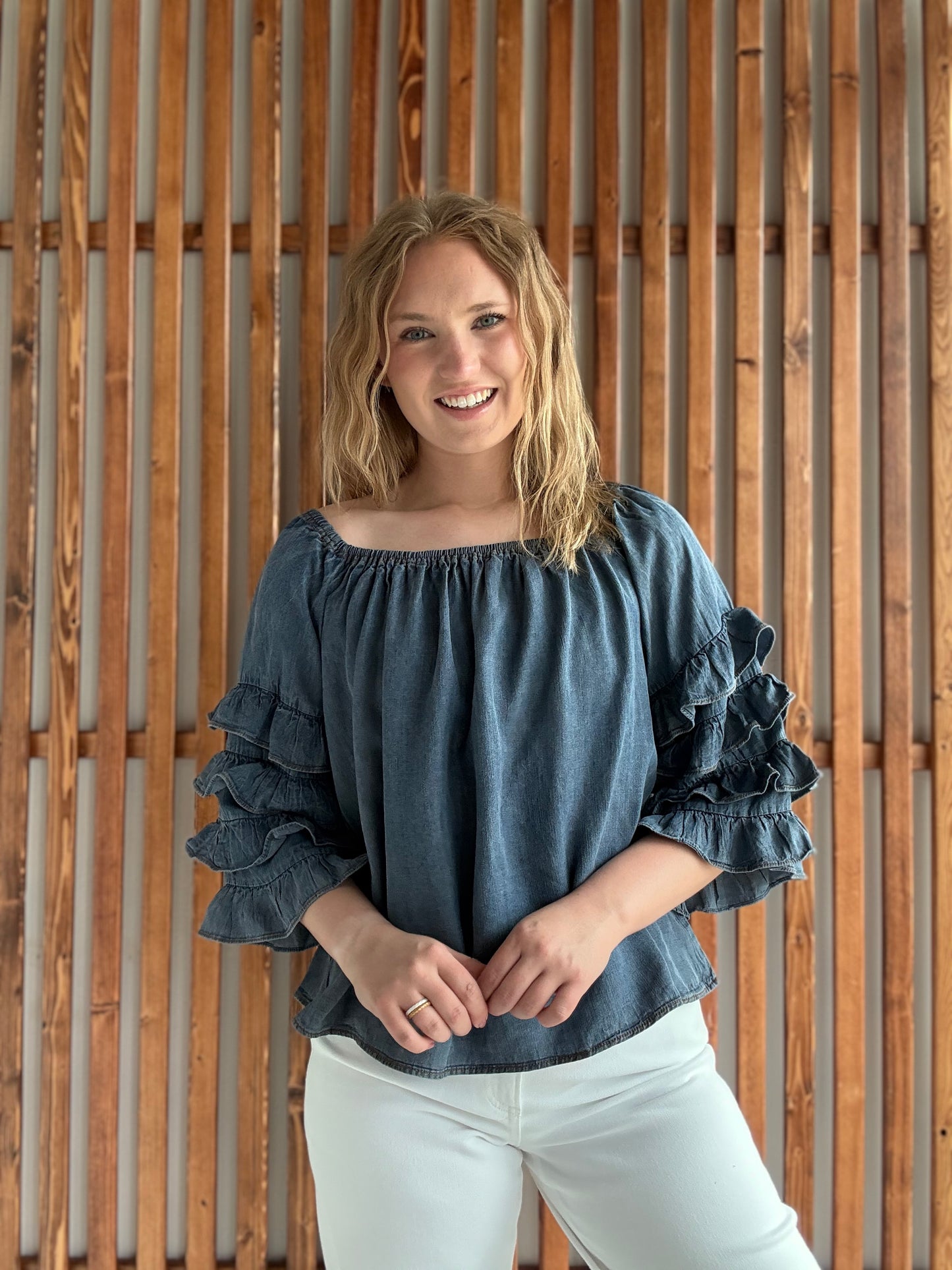 Off The Shoulder 4Tiers Ruffle Sleeve Chambray Top