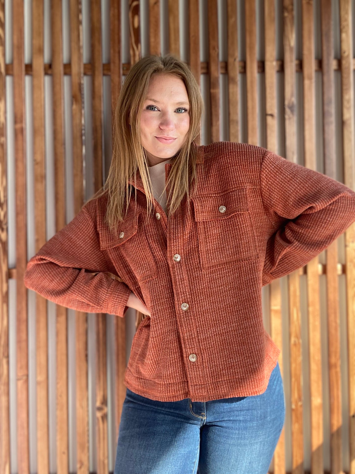 Ribbed Button Down - Rust