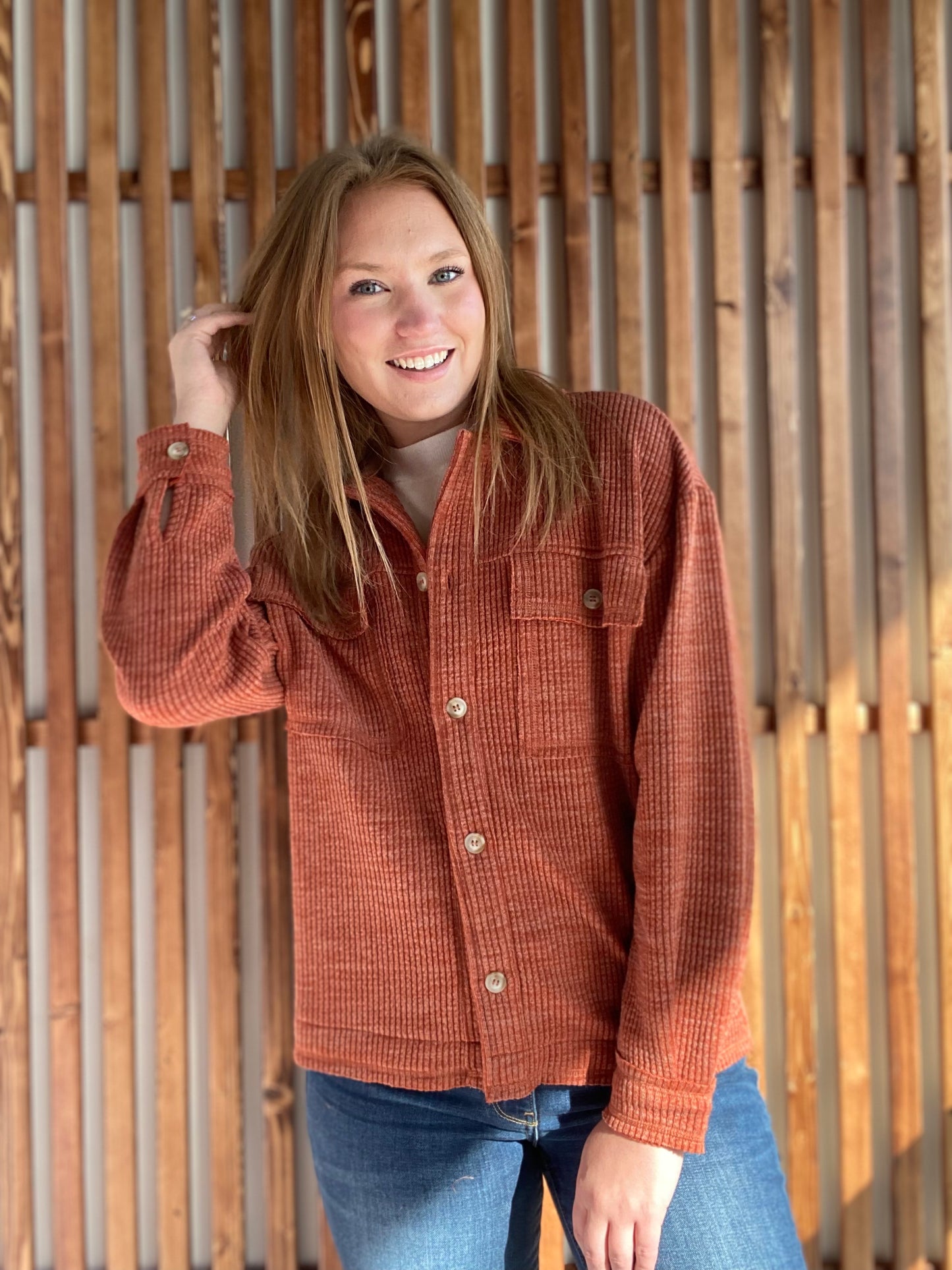 Ribbed Button Down - Rust