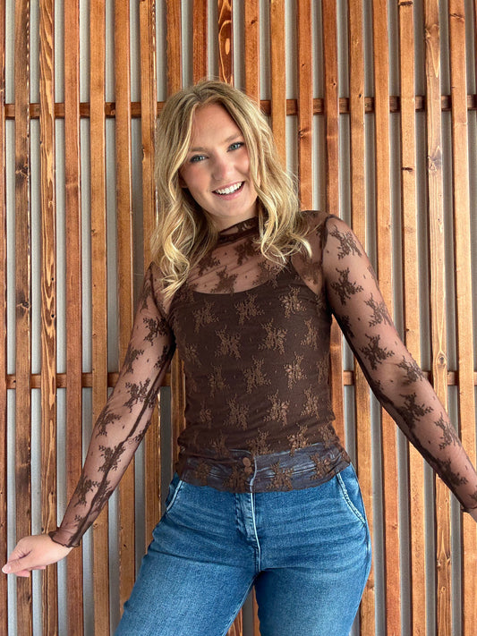 Lace Mock Neck Long Sleeve - Brown