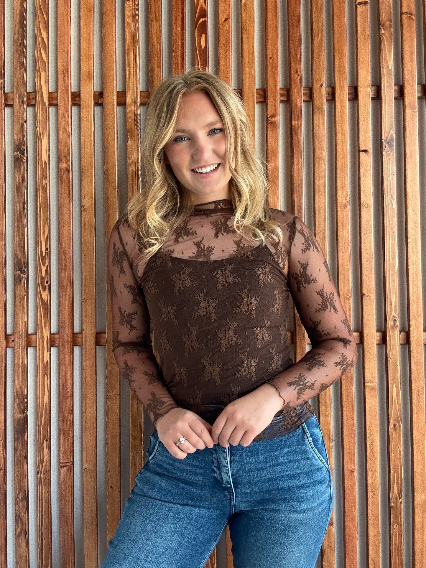 Lace Mock Neck Long Sleeve - Brown
