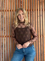 Lace Mock Neck Long Sleeve - Brown