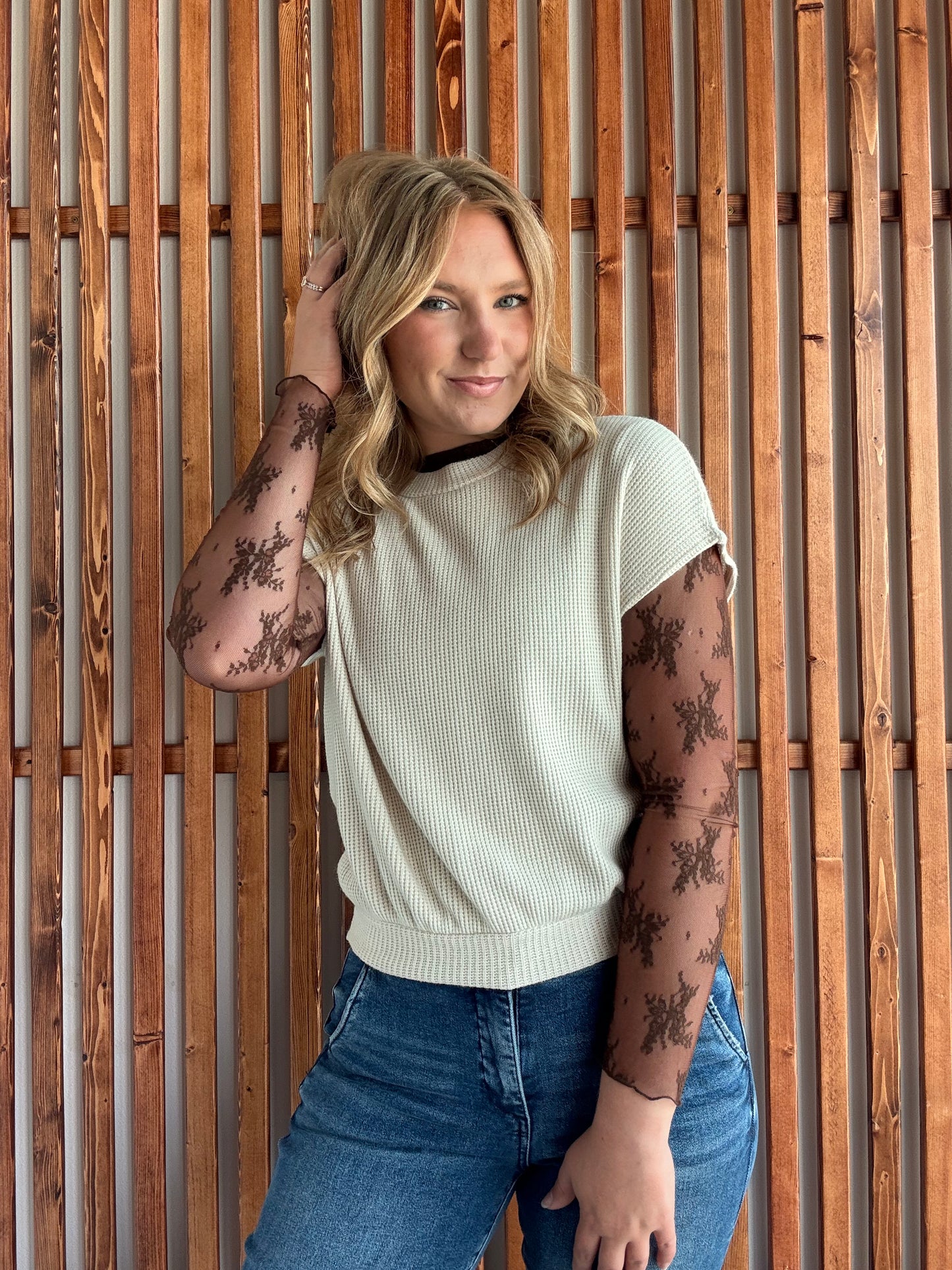 Lace Mock Neck Long Sleeve - Brown