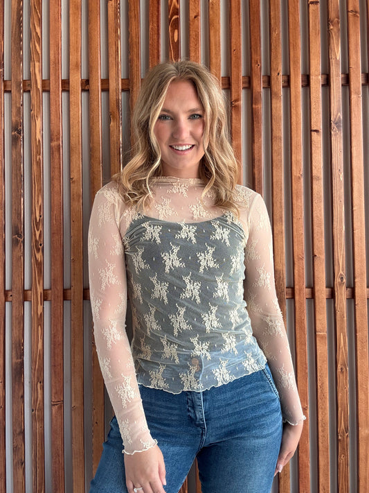 Lace Mock Neck Long Sleeve - Nude
