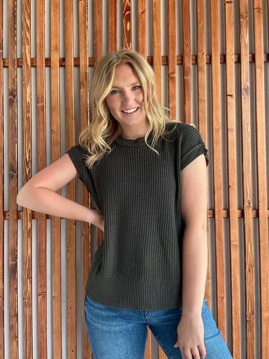 Oversized Crew Neck Sweater Vest - Dark Olive