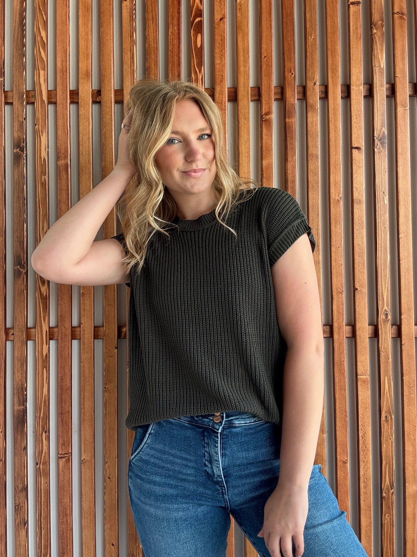 Oversized Crew Neck Sweater Vest - Dark Olive
