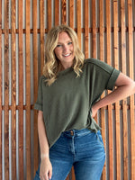 Ribbed Cuff Sleeve Raw Edge Top - Dark Olive