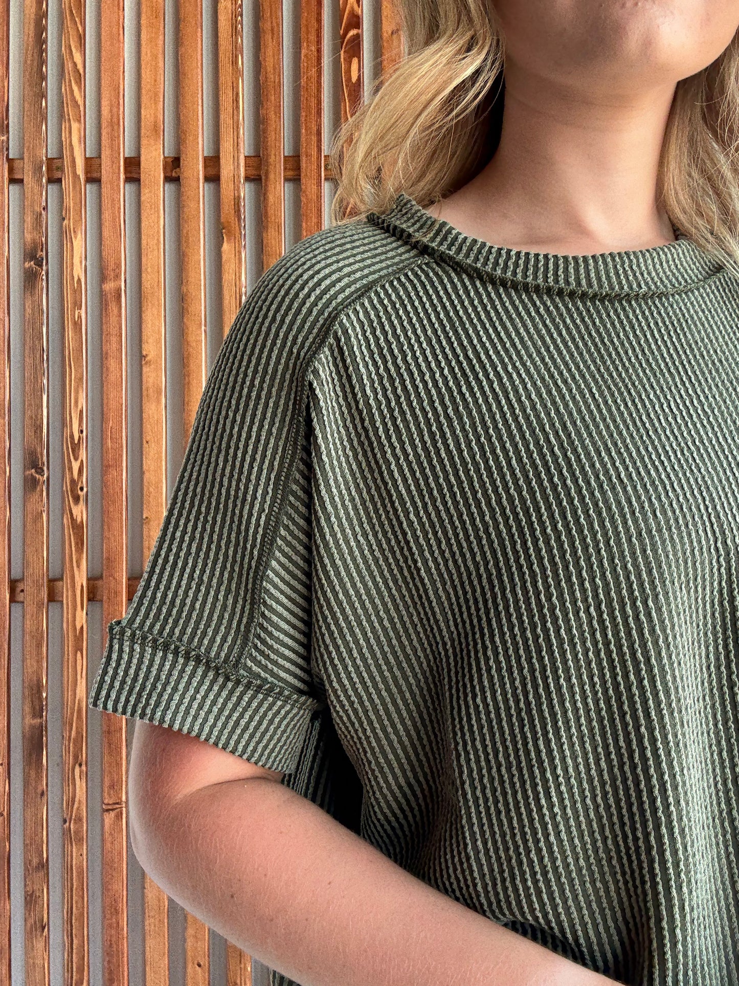 Ribbed Cuff Sleeve Raw Edge Top - Dark Olive