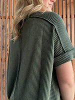 Ribbed Cuff Sleeve Raw Edge Top - Dark Olive