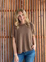 Ribbed Cuff Sleeve Raw Edge Top - Deep Camel