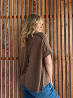 Ribbed Cuff Sleeve Raw Edge Top - Deep Camel