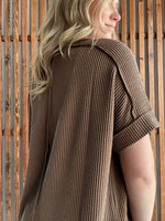 Ribbed Cuff Sleeve Raw Edge Top - Deep Camel