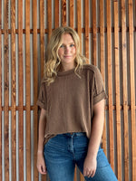 Ribbed Cuff Sleeve Raw Edge Top - Deep Camel
