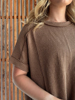Ribbed Cuff Sleeve Raw Edge Top - Deep Camel