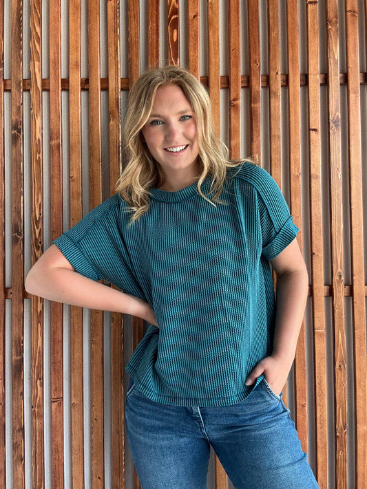 Ribbed Cuff Sleeve Raw Edge Top - Teal